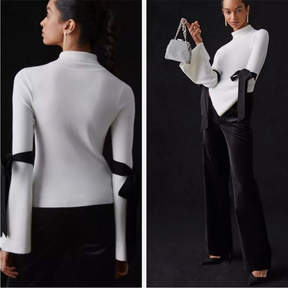 Anthropologie Maeve Mock-Neck Bell-Sleeve Bow Sweater Ivory White - Medium